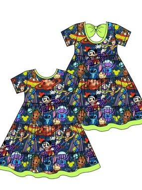 Kids' Space Character Branded Bamboo bow back Dress in Neon Green Trim